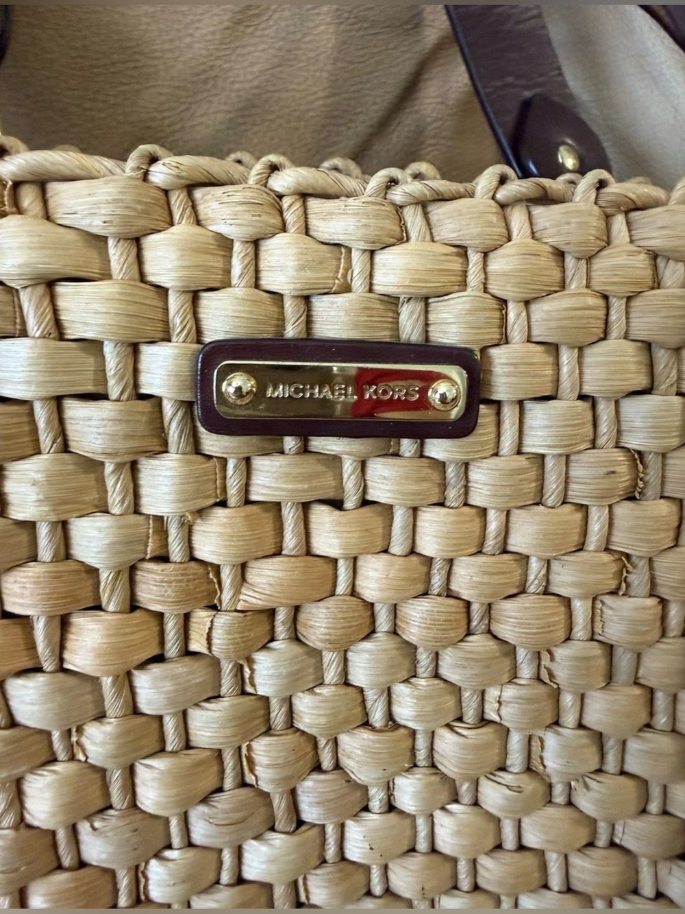 MICHAEL Kors Santorini Raffia Straw Tote Handbag Brown Leather Accents - Picture 3 of 16
